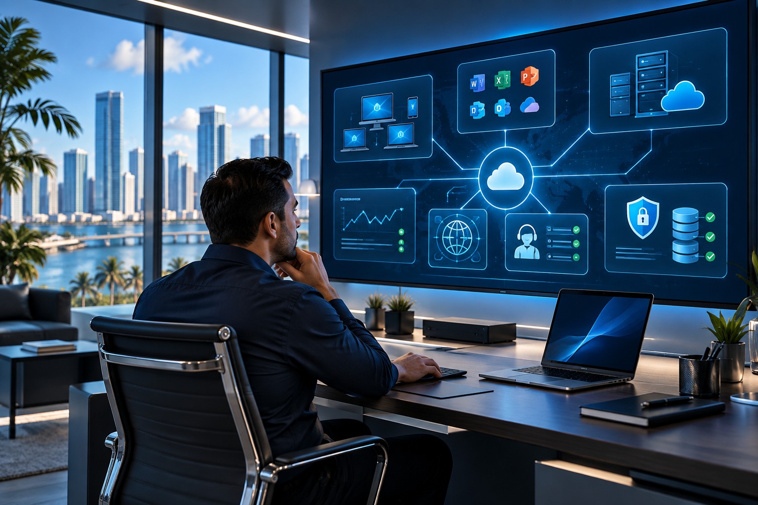 Managed IT professional monitoring cloud security network and business support